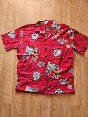 Men's red tropical floral short sleeve cotton button up shirt - Medium